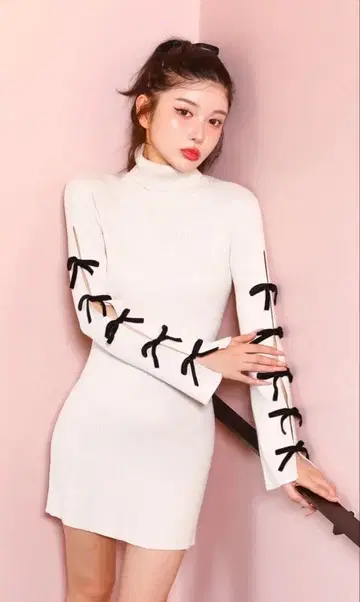 Darich 암 리본 리브 니트 미니 원피스 다리치