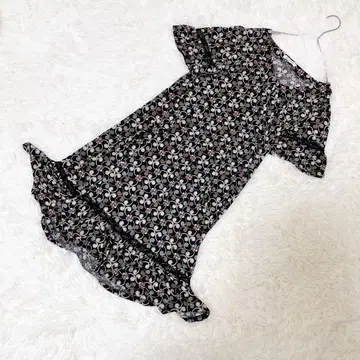 M0053 [루이 샨탄] 꽃무늬 롱 원피스 반팔 프릴 소매 무릎 기장