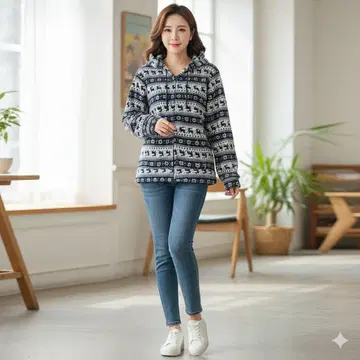 후드티 니트 루돌프 사슴 눈꽃 노르딕 네이비 화이트 M 미사용