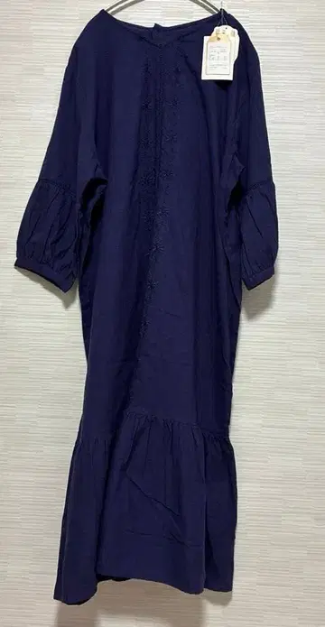 네이비 7부 소매 원피스 프릴 밑단