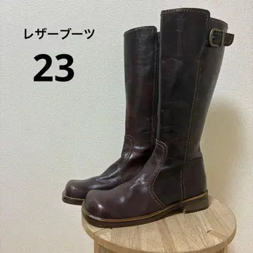 가죽 부츠 23cm 보르도 브라운 롱 버클 포함 낮은 굽 가을/겨울