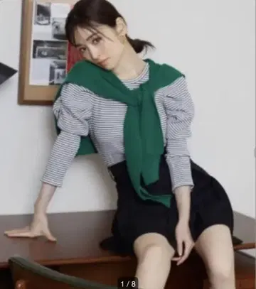 새상품급 SNIDEL 퍼프 슬리브 와플 상의 보더 스나이델 긴팔