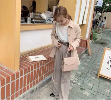 미사용 NUEbyas 턱 팬츠 브라운 헤링본 슬랙스