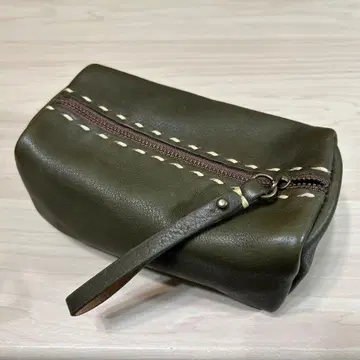아시안백 alin 천연 가죽 파우치 카키 스티치 소품함