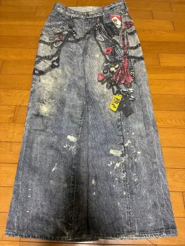데미지 데님 팬츠 와이드 팬츠 블랙 데님
