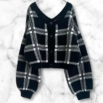 [ 새상품 ] 헤더 니트 가디건 상의 2way 체크 무늬 숏 기장