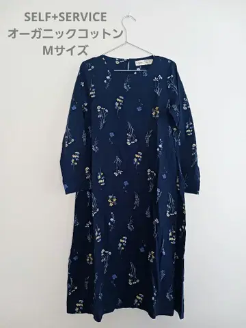 셀프 서비스 꽃무늬 네이비 긴팔 원피스 오가닉 코튼 M
