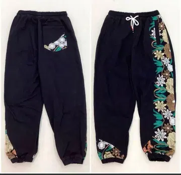 호텐 상점 블랙 꽃무늬 자수 팬츠