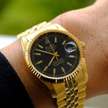 Elgin daydate 골드 자동 와인딩 시계 블랙 다이얼