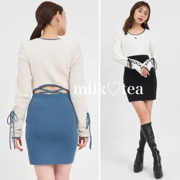 로얄 파티 엠블럼 로고 자수 배색 샤기 니트 타이트 미니 원피스 블랙