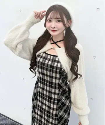 NOMAE 샤기 볼레로 롱 체크 원피스