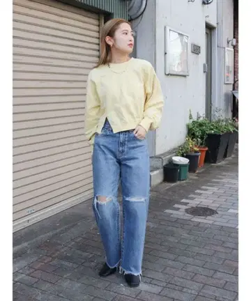 Ungrid 컷오프 데미지 스트레이트 데님