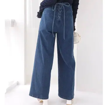 NICE CLAUP 백 레이스업 와이드 데님 팬츠 네이비