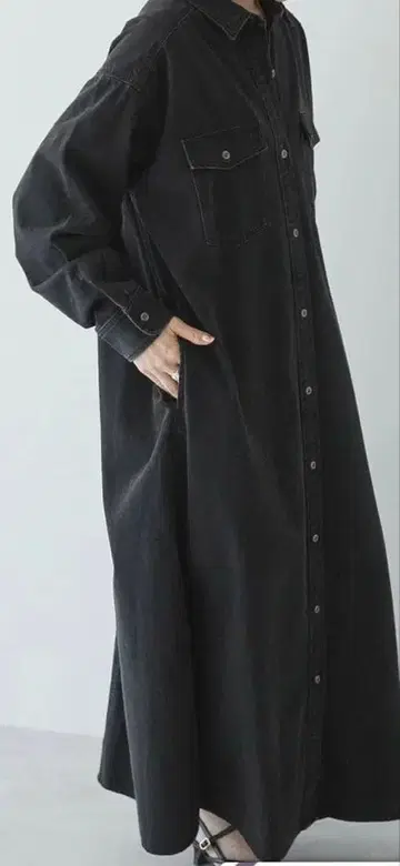 블랙 데님 셔츠 원피스 롱 기장 긴팔