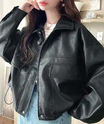 2WAY 칼라 숏 기장 인조 가죽 블루종