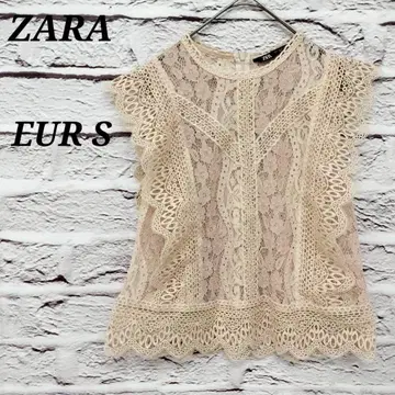 자라 [ EUR S ] 전체 레이스 슬리브리스 블라우스 고급 핑크 베이지