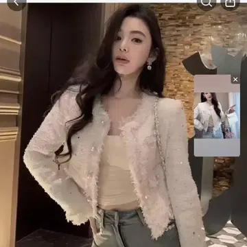 한국 왕홍 숏 기장 자켓 화이트 트위드