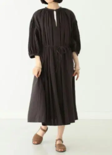 BEAMS BOY 린넨 블랙 7부 소매 원피스