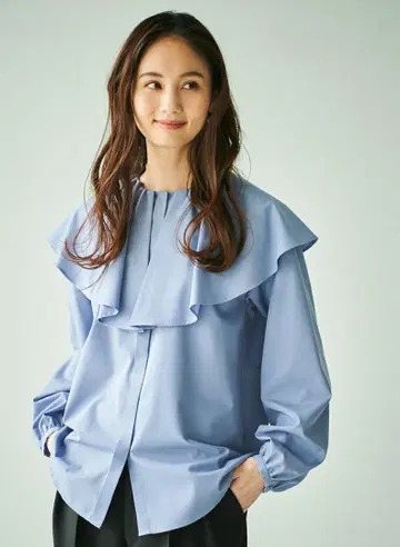 LOUNIE 케이프 칼라 블라우스 프릴 포함 라이트 블루 긴팔 셔츠 루니