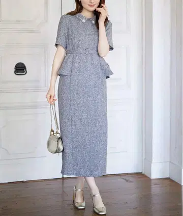 펄 비쥬 장식 트위드 페플럼 원피스 milein 미레인 그레이