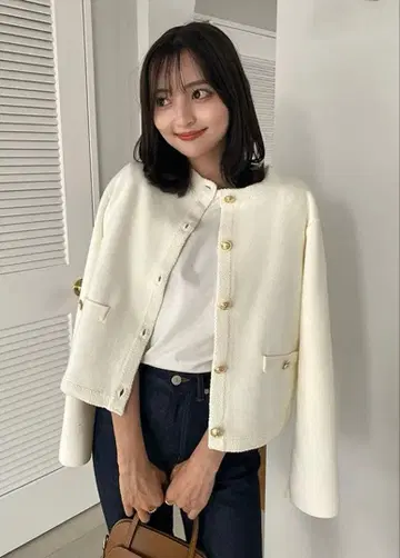 anuans 오리지널 버튼 노카라 니트 자켓 화이트