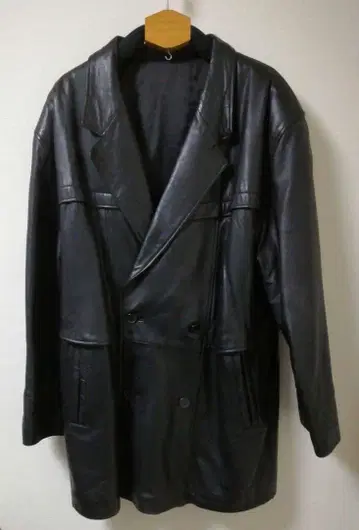 [빈티지] 가죽 더블 코트 안감 포함 블랙