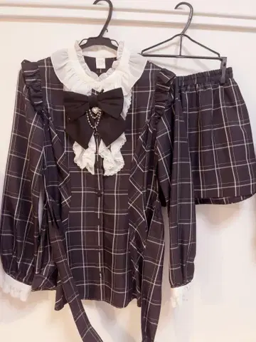 시크릿 허니 액세서리 리본 긴팔 셋업 (체크 블랙)