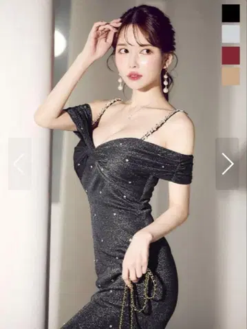 JEWELS 오프숄더 비쥬 라메 타이트 미디엄 드레스