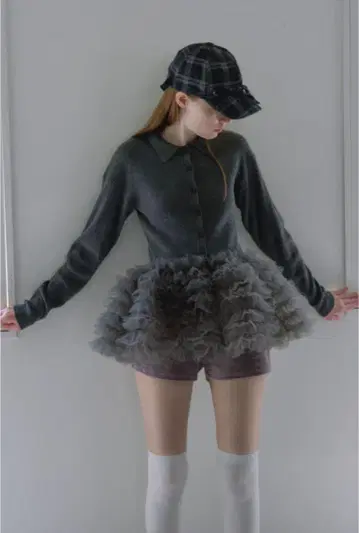 허니미허니 tulle peplum polo knit cardigan