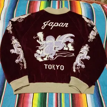 스카잔 벨벳 일본풍 패턴 용 자수 와인 레드 [ 90s ]