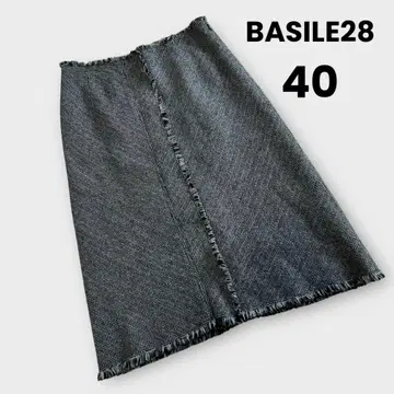 BASILE28 그레이 40 헤링본 무릎 기장 스커트 프린지 알파카 혼방