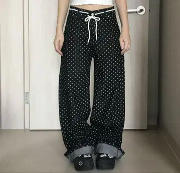 블랙 물방울 패턴 와이드 팬츠 amood