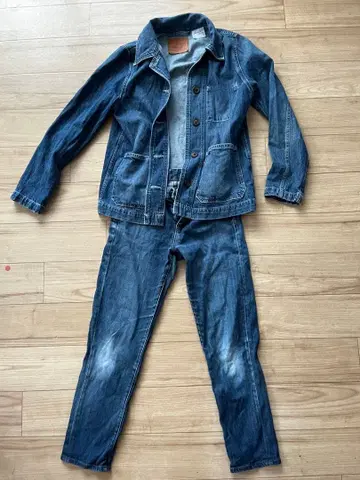 데님 자켓 세트 인디고 가공 데미지 워시 마우지 에드윈