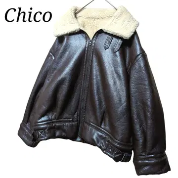 Chico 인조 가죽 보아 플라이트 자켓 브라운 가죽 보아 옷깃 자켓