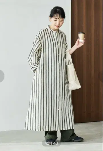 FREAK'S STORE 한정판 스트라이프 플레어 맥시 셔츠 원피스