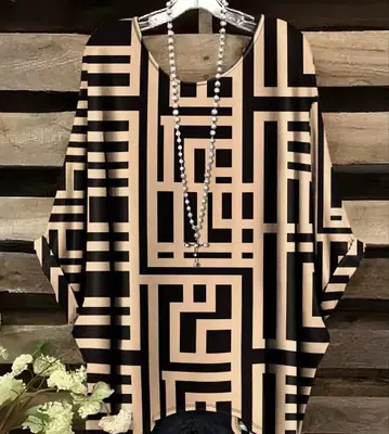 플러스 사이즈 보헤미안 기하학 프린트 엘레강트 라운드넥 셔츠