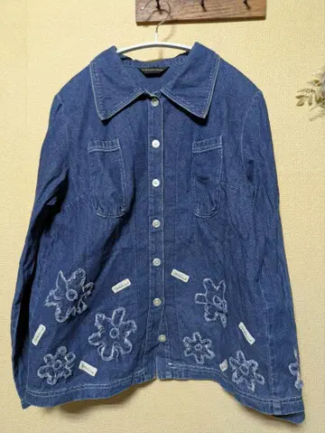 포테치노 꽃무늬 자수 아플리케 로고 택 포함 데님 자켓 레어