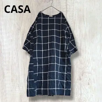 [ CASA ] 튜닉 코튼 체크 무늬 티셔츠 네이비 루즈핏 4L