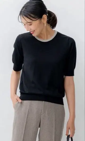 23구 워셔블/앙상블 대응 반팔 바이컬러 울 니트 블랙 38