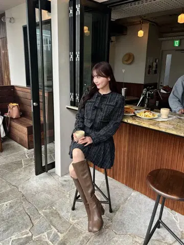 Ribbon Lace Trimming Tweed Cropped Jacke