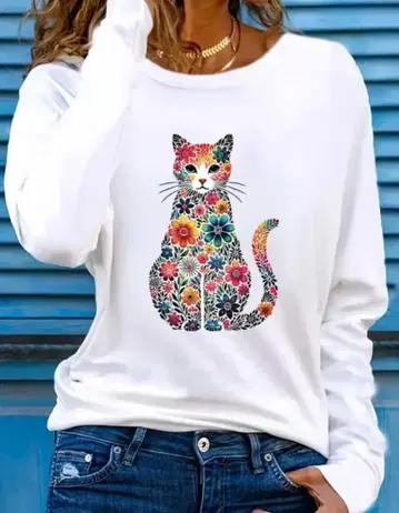 새상품 XL 꽃무늬 고양이 프린트 긴팔T셔츠
