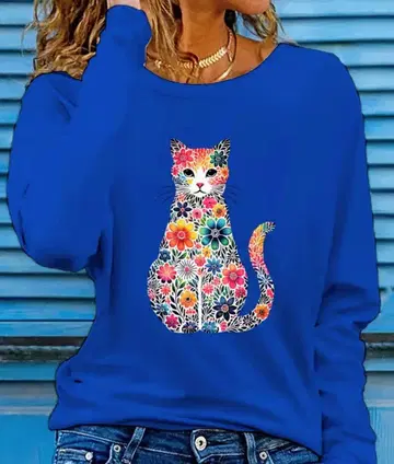 새상품 L 꽃무늬 고양이 프린트 긴팔 티셔츠