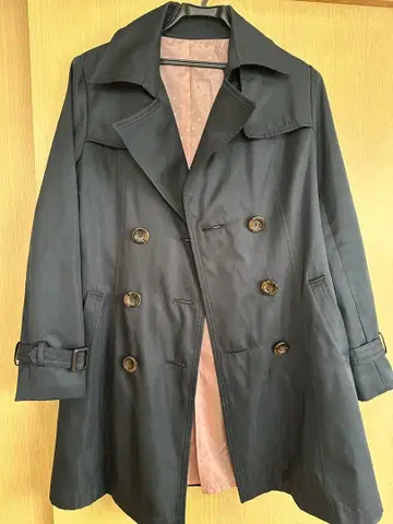 블랙 더블 브레스트 트렌치코트 M 안감 도트 핑크