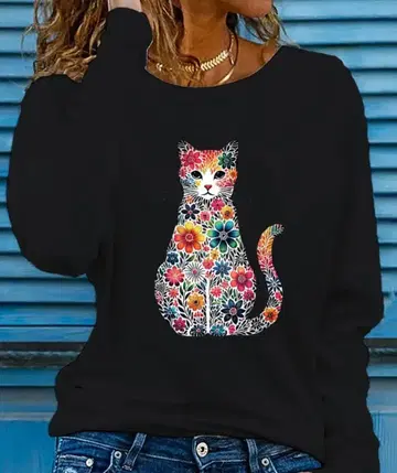 꽃무늬 고양이 프린트 긴팔 T셔츠
