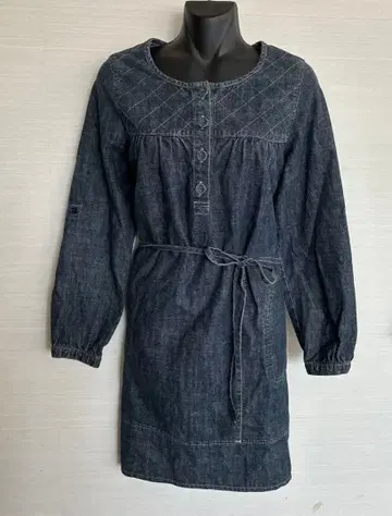 다크 데님 긴팔 원피스 허리 리본 포함