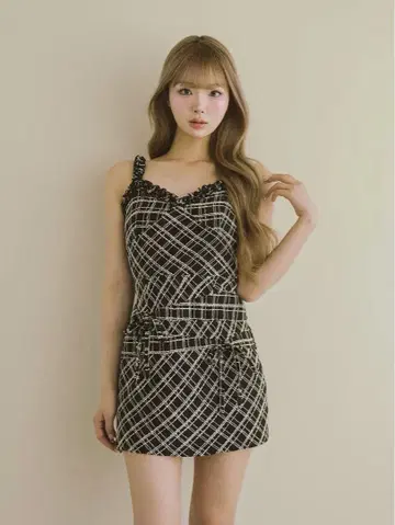 Darich / 트위드 체크 리본 미니 원피스 BLK