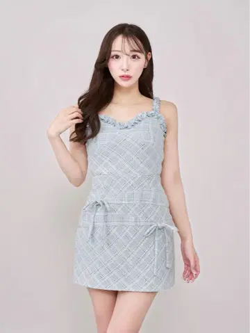 Darich / 트위드 체크 리본 미니 원피스 SAX