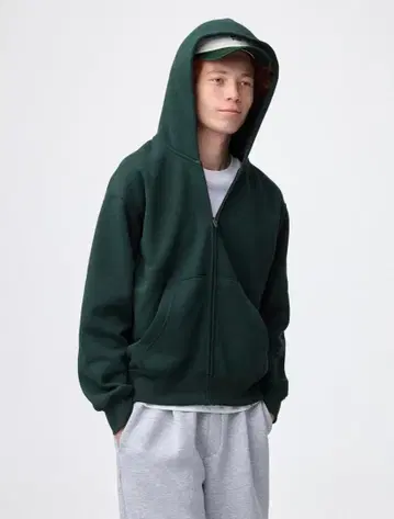 다크 그린 풀 집업 후드티