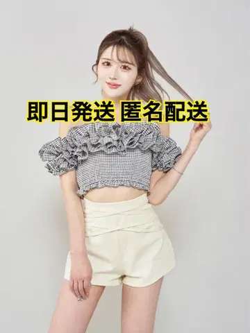 다리치 깅엄 체크 오프숄더 상의 GRY