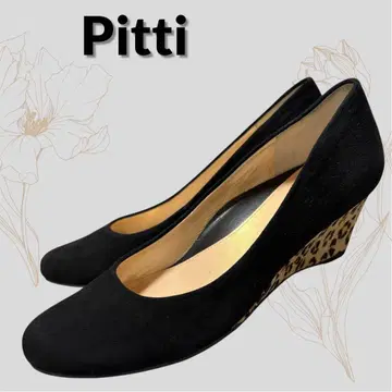 Pitti 블랙 스웨이드 펌프스 레오파드 무늬 웨지힐 23.5cm